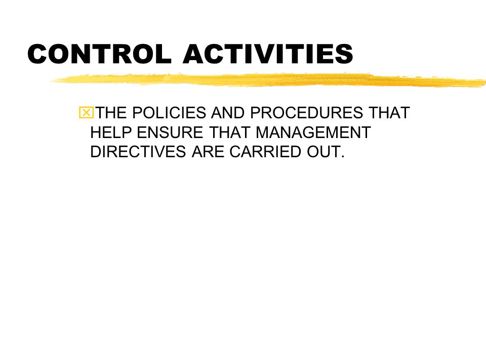 CONTROL ACTIVITIES  THE POLICIES AND PROCEDURES THAT HELP ENSURE THAT MANAGEMENT DIRECTIVES ARE CARRIED OUT.