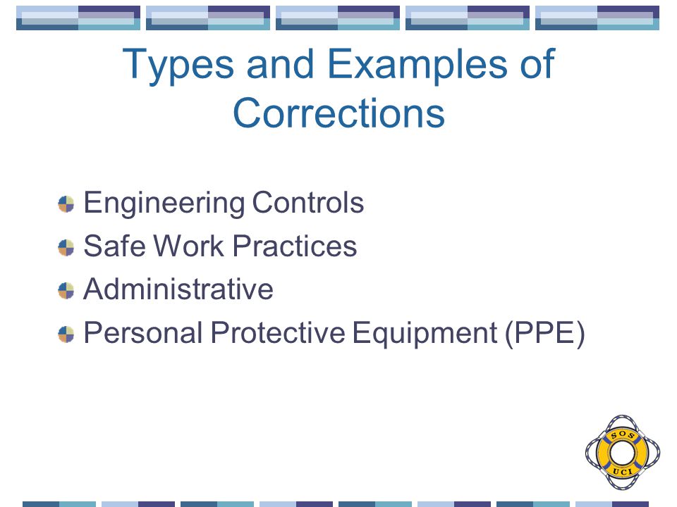 Types and Examples of Corrections Engineering Controls Safe Work Practices Administrative Personal Protective Equipment (PPE)
