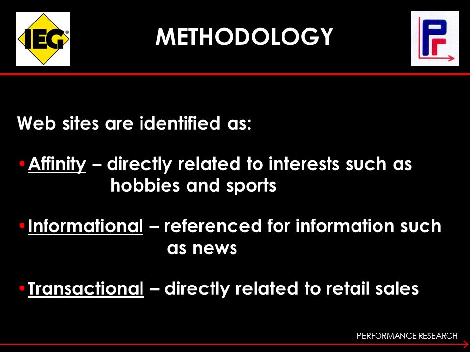 PERFORMANCE RESEARCH METHODOLOGY Web sites are identified as: Affinity – directly related to interests such as hobbies and sports Informational – referenced for information such as news Transactional – directly related to retail sales