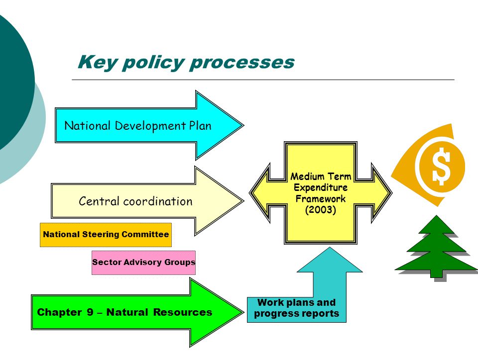 Key policy processes Central coordination National Development Plan Chapter 9 – Natural Resources Medium Term Expenditure Framework (2003) Work plans and progress reports National Steering Committee Sector Advisory Groups