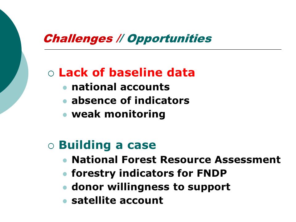 Challenges // Opportunities  Lack of baseline data national accounts absence of indicators weak monitoring  Building a case National Forest Resource Assessment forestry indicators for FNDP donor willingness to support satellite account