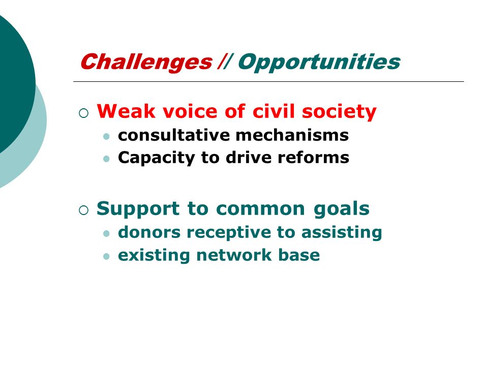 Challenges // Opportunities  Weak voice of civil society consultative mechanisms Capacity to drive reforms  Support to common goals donors receptive to assisting existing network base