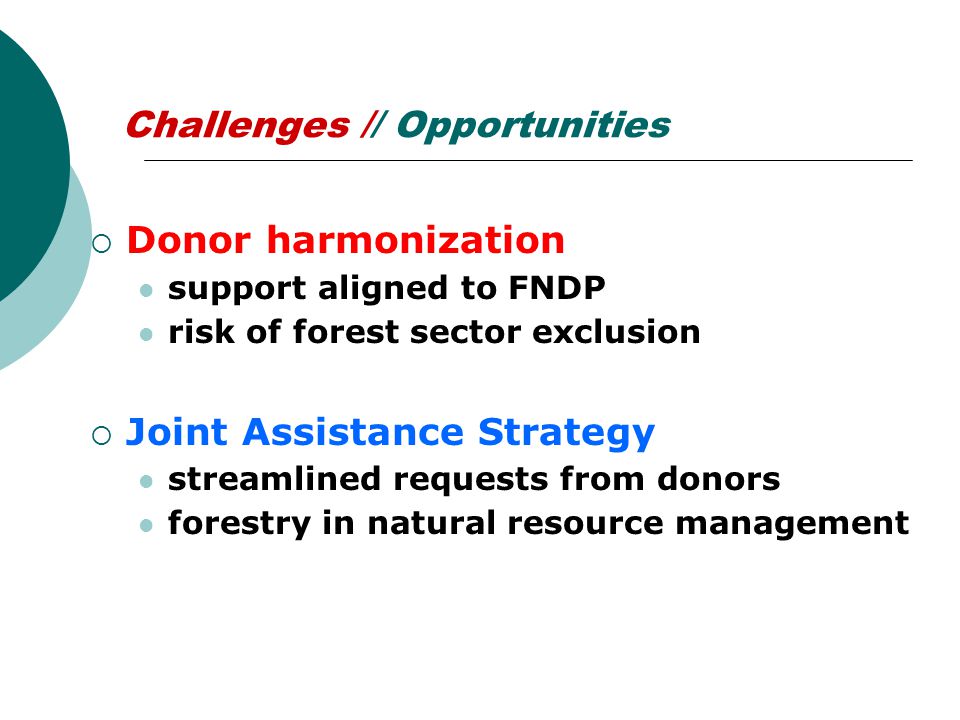 Challenges // Opportunities  Donor harmonization support aligned to FNDP risk of forest sector exclusion  Joint Assistance Strategy streamlined requests from donors forestry in natural resource management