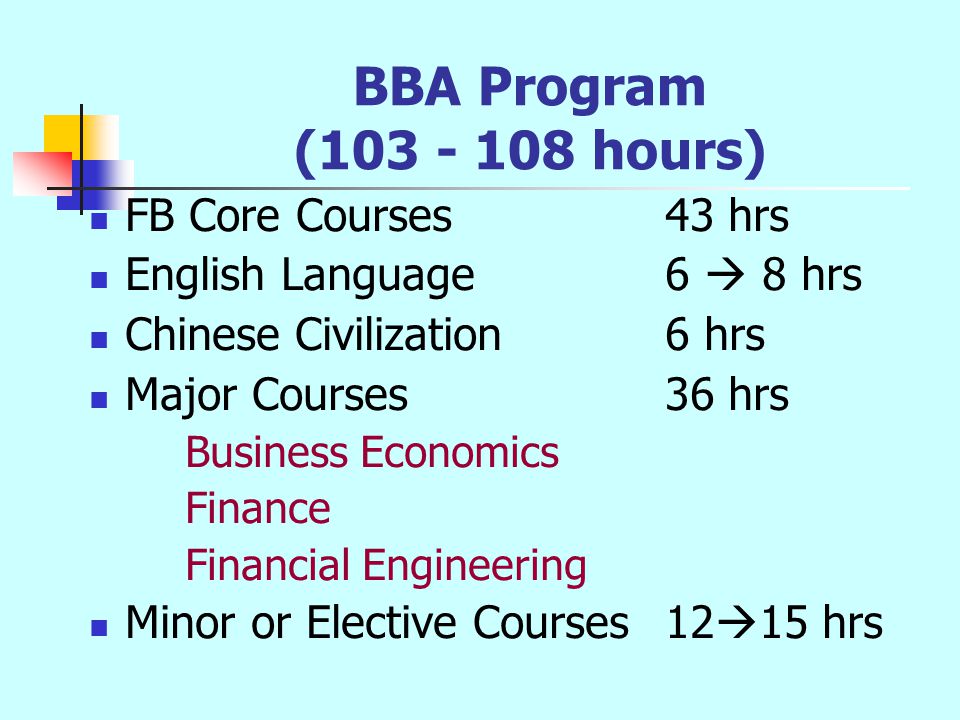 BBA Program ( hours) FB Core Courses 43 hrs English Language 6  8 hrs Chinese Civilization 6 hrs Major Courses36 hrs Business Economics Finance Financial Engineering Minor or Elective Courses12  15 hrs