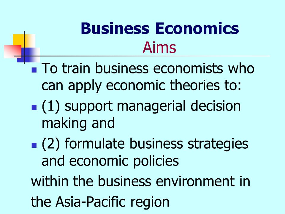 Business Economics Aims To train business economists who can apply economic theories to: (1) support managerial decision making and (2) formulate business strategies and economic policies within the business environment in the Asia-Pacific region