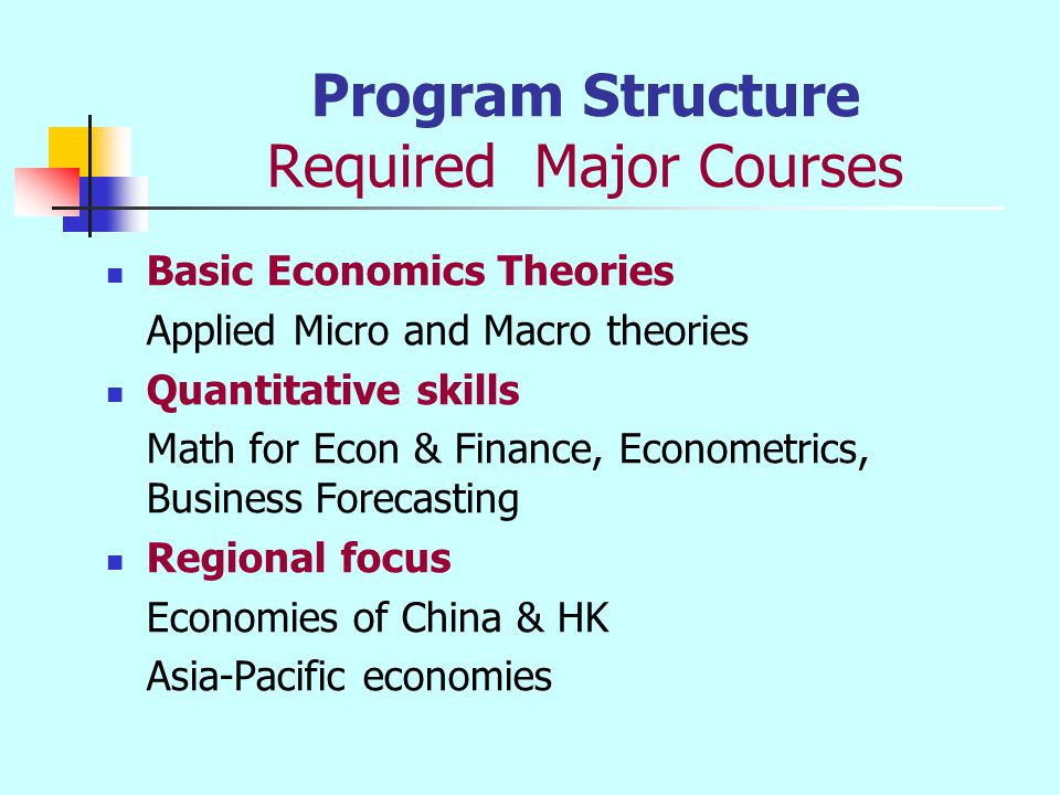 Program Structure Required Major Courses Basic Economics Theories Applied Micro and Macro theories Quantitative skills Math for Econ & Finance, Econometrics, Business Forecasting Regional focus Economies of China & HK Asia-Pacific economies