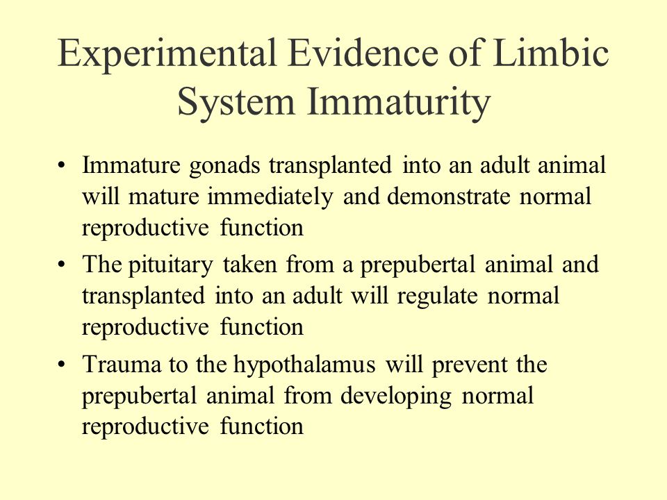 Experimental Evidence of Limbic System Immaturity Immature gonads transplanted into an adult animal will mature immediately and demonstrate normal reproductive function The pituitary taken from a prepubertal animal and transplanted into an adult will regulate normal reproductive function Trauma to the hypothalamus will prevent the prepubertal animal from developing normal reproductive function