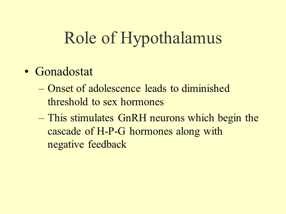 Role of Hypothalamus Gonadostat –Onset of adolescence leads to diminished threshold to sex hormones –This stimulates GnRH neurons which begin the cascade of H-P-G hormones along with negative feedback