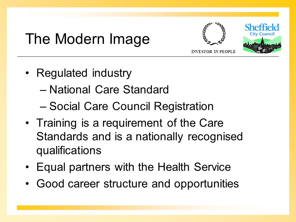 INVESTOR IN PEOPLE The Modern Image Regulated industry –National Care Standard –Social Care Council Registration Training is a requirement of the Care Standards and is a nationally recognised qualifications Equal partners with the Health Service Good career structure and opportunities