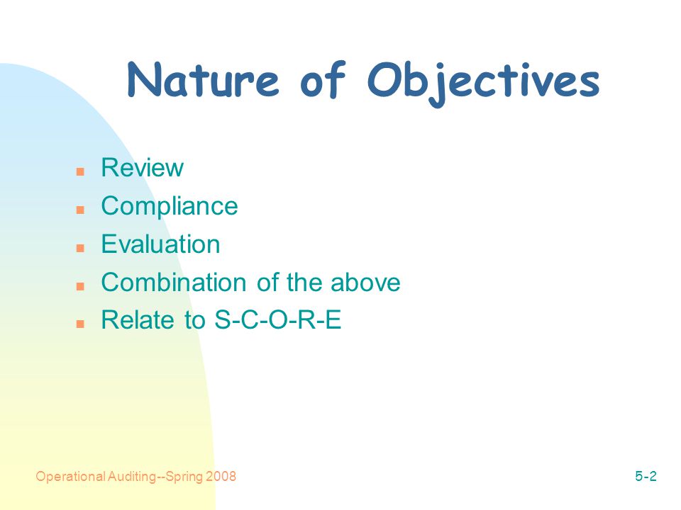 Operational Auditing--Spring Nature of Objectives n Review n Compliance n Evaluation n Combination of the above n Relate to S-C-O-R-E
