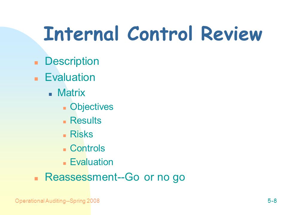 Operational Auditing--Spring Internal Control Review n Description n Evaluation n Matrix n Objectives n Results n Risks n Controls n Evaluation n Reassessment--Go or no go
