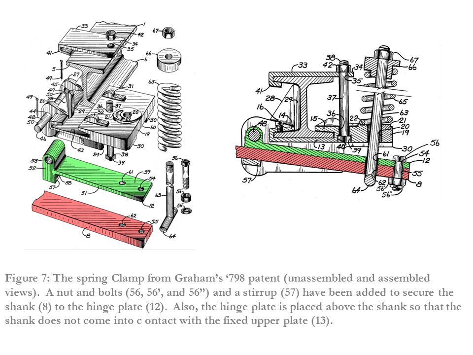 Figure 7: The spring Clamp from Graham’s ‘798 patent (unassembled and assembled views).