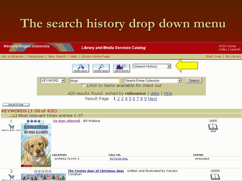 The search history drop down menu