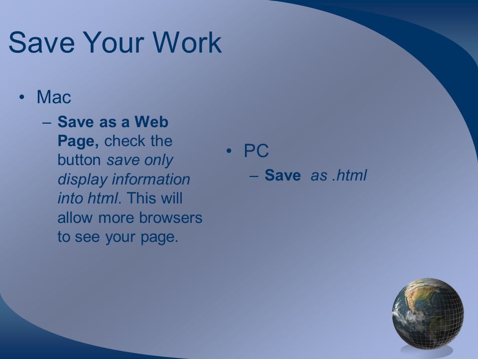 Save Your Work Mac –Save as a Web Page, check the button save only display information into html.