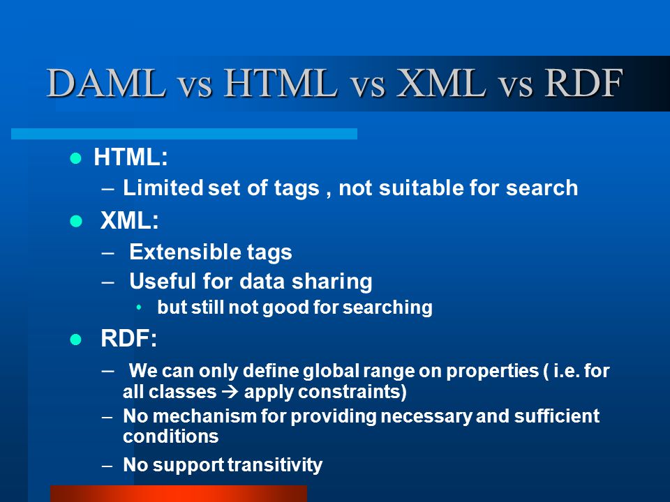 DAML vs HTML vs XML vs RDF HTML : –Limited set of tags, not suitable for search XML : – Extensible tags – Useful for data sharing but still not good for searching RDF: – We can only define global range on properties ( i.e.