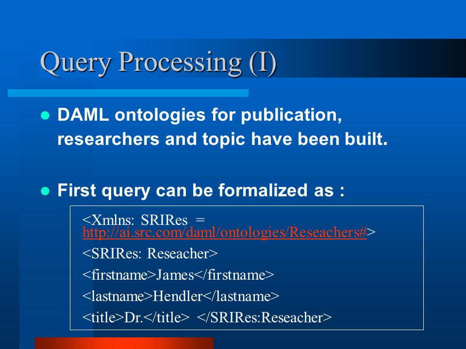 Query Processing (I) DAML ontologies for publication, researchers and topic have been built.
