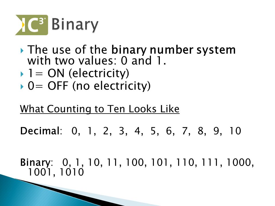  The use of the binary number system with two values: 0 and 1.