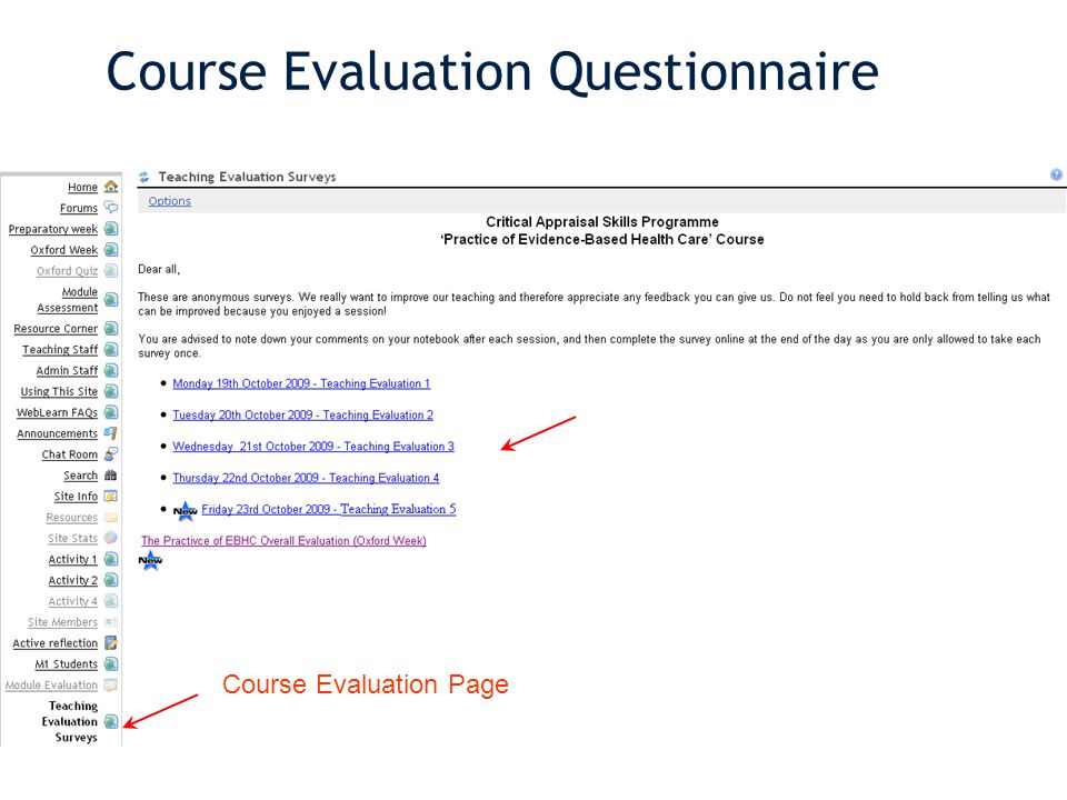 Course Evaluation Questionnaire Course Evaluation Course Evaluation Page