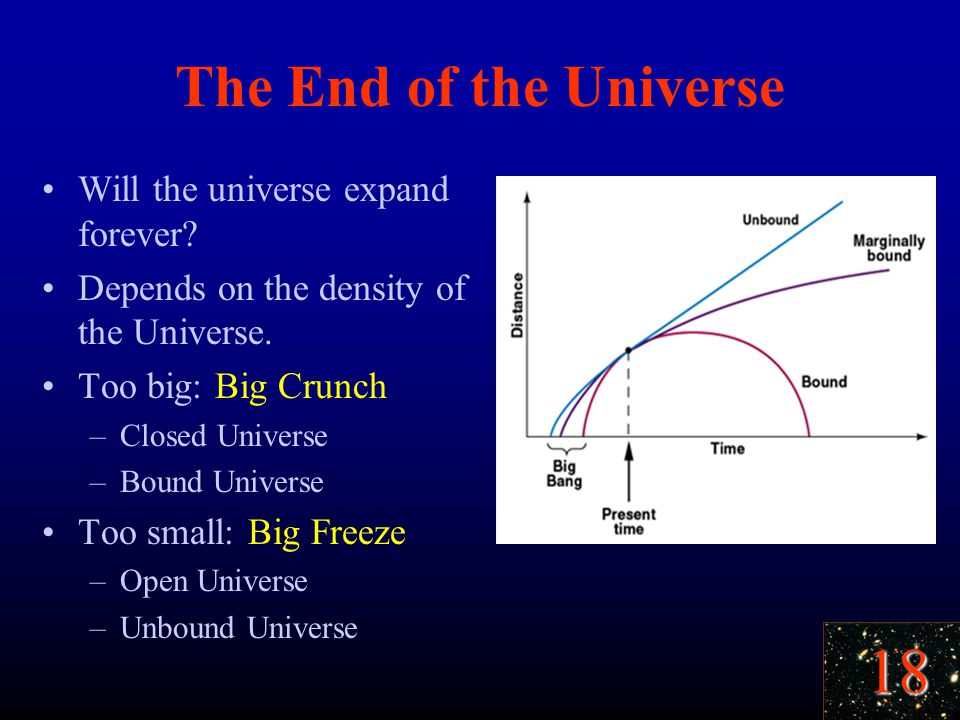 18 The End of the Universe Will the universe expand forever.