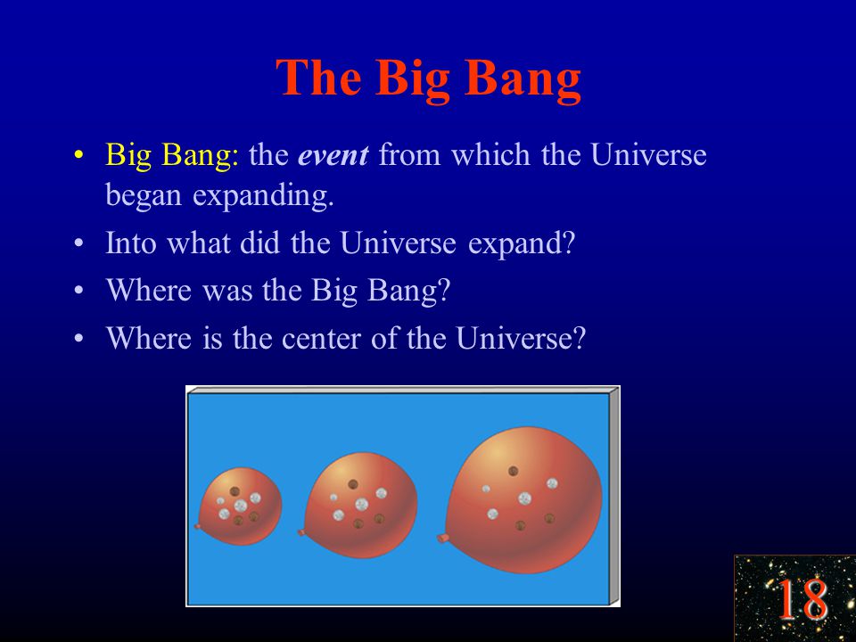18 The Big Bang Big Bang: the event from which the Universe began expanding.