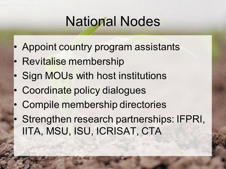 National Nodes Appoint country program assistants Revitalise membership Sign MOUs with host institutions Coordinate policy dialogues Compile membership directories Strengthen research partnerships: IFPRI, IITA, MSU, ISU, ICRISAT, CTA