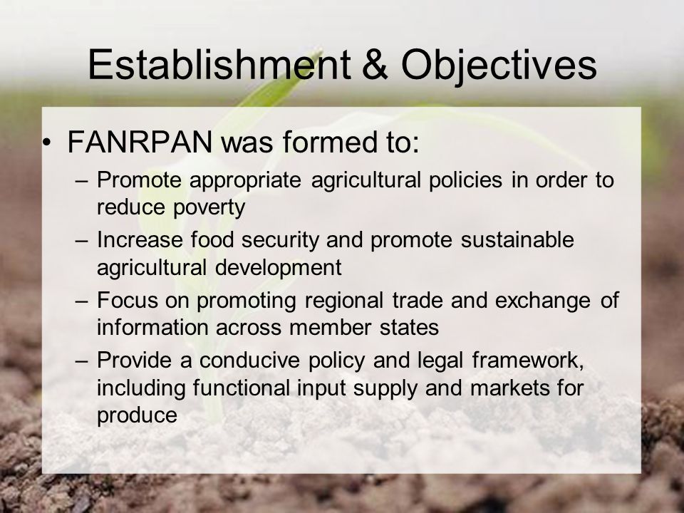 Establishment & Objectives FANRPAN was formed to: –Promote appropriate agricultural policies in order to reduce poverty –Increase food security and promote sustainable agricultural development –Focus on promoting regional trade and exchange of information across member states –Provide a conducive policy and legal framework, including functional input supply and markets for produce