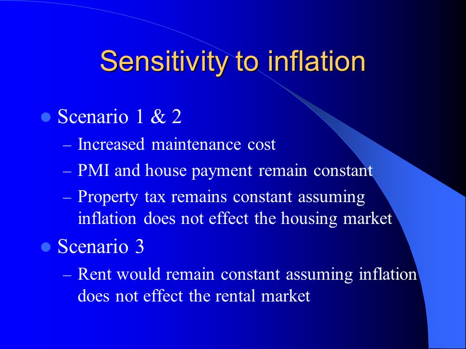 Sensitivity to inflation Scenario 1 & 2 – Increased maintenance cost – PMI and house payment remain constant – Property tax remains constant assuming inflation does not effect the housing market Scenario 3 – Rent would remain constant assuming inflation does not effect the rental market