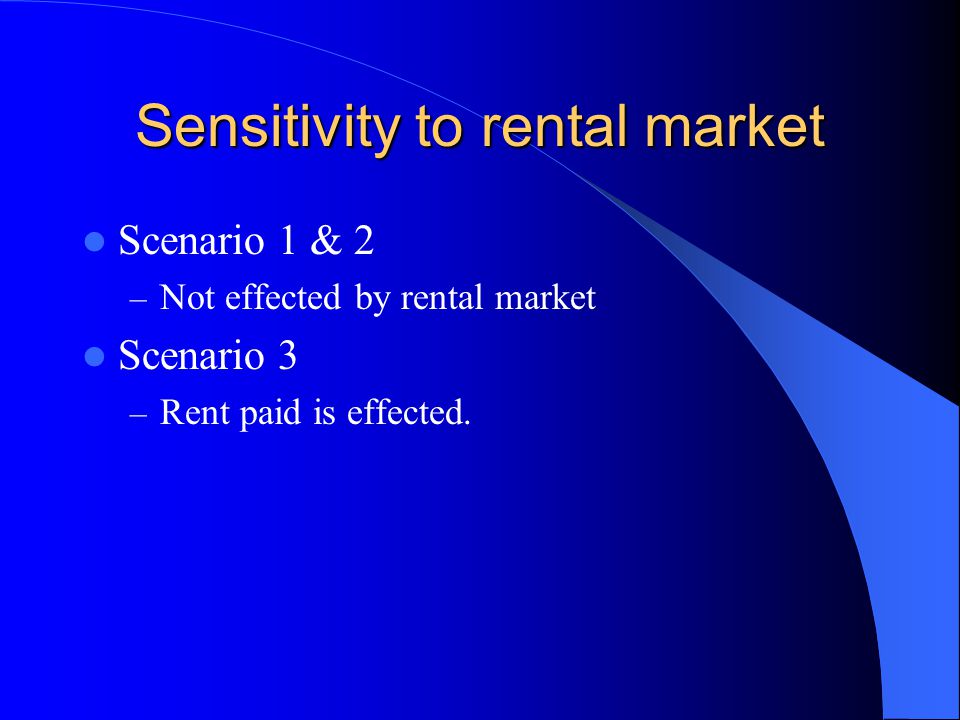 Sensitivity to rental market Scenario 1 & 2 – Not effected by rental market Scenario 3 – Rent paid is effected.