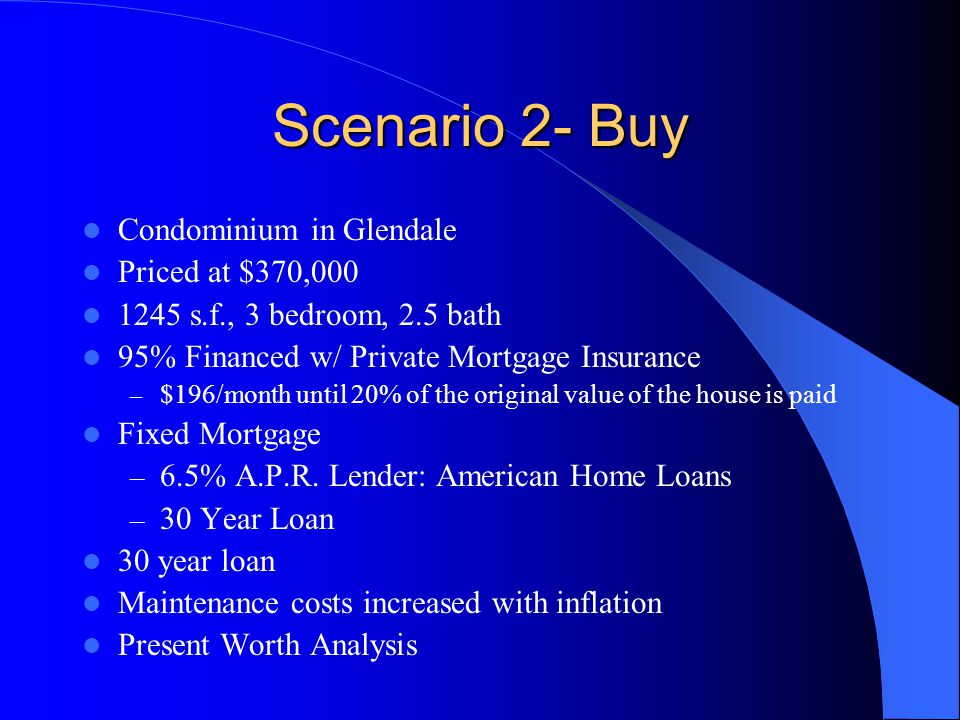 Scenario 2- Buy Condominium in Glendale Priced at $370, s.f., 3 bedroom, 2.5 bath 95% Financed w/ Private Mortgage Insurance – $196/month until 20% of the original value of the house is paid Fixed Mortgage – 6.5% A.P.R.