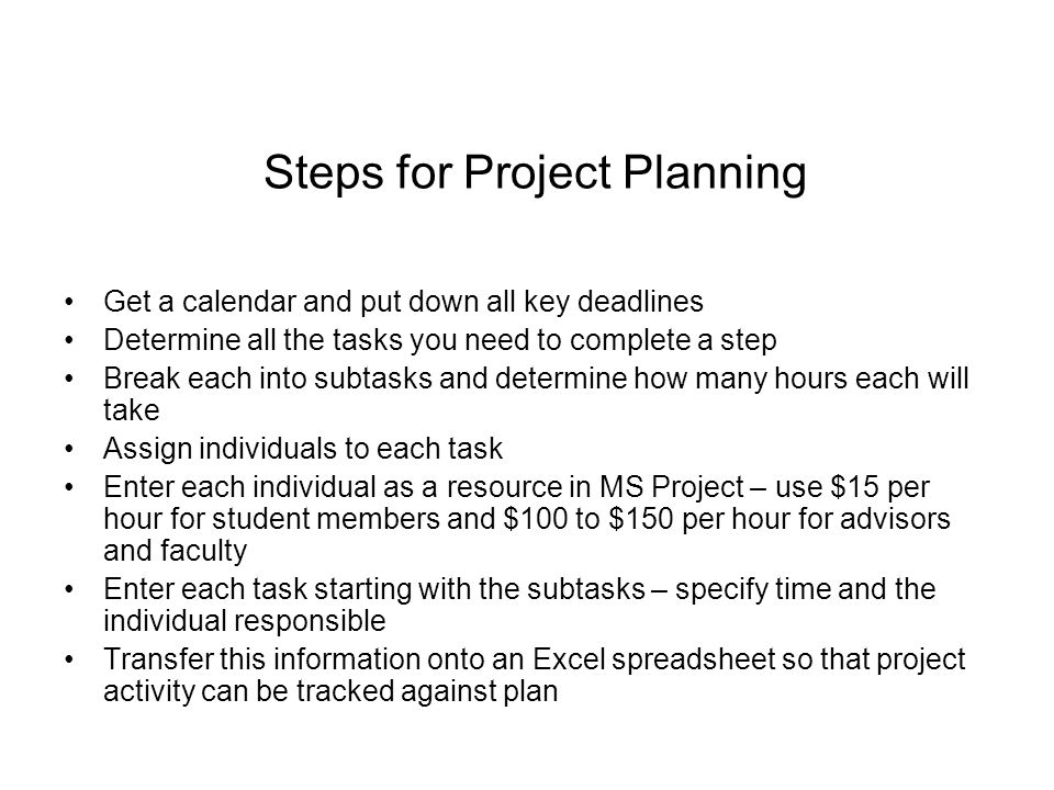 Steps for Project Planning Get a calendar and put down all key deadlines Determine all the tasks you need to complete a step Break each into subtasks and determine how many hours each will take Assign individuals to each task Enter each individual as a resource in MS Project – use $15 per hour for student members and $100 to $150 per hour for advisors and faculty Enter each task starting with the subtasks – specify time and the individual responsible Transfer this information onto an Excel spreadsheet so that project activity can be tracked against plan