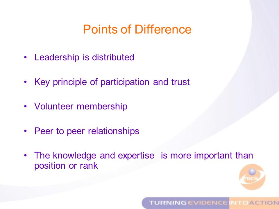 Points of Difference Leadership is distributed Key principle of participation and trust Volunteer membership Peer to peer relationships The knowledge and expertise is more important than position or rank