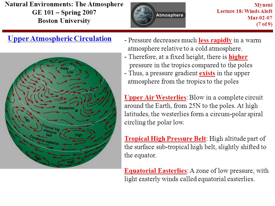 Upper Atmospheric Circulation Natural Environments: The Atmosphere GE 101 – Spring 2007 Boston University Myneni Lecture 18: Winds Aloft Mar (7 of 9) - Pressure decreases much less rapidly in a warm atmosphere relative to a cold atmosphere.