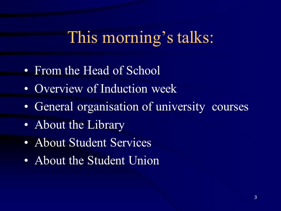 3 This morning’s talks: From the Head of School Overview of Induction week General organisation of university courses About the Library About Student Services About the Student Union