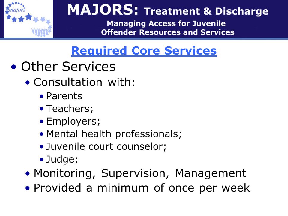 Required Core Services Other Services Consultation with: Parents Teachers; Employers; Mental health professionals; Juvenile court counselor; Judge; Monitoring, Supervision, Management Provided a minimum of once per week