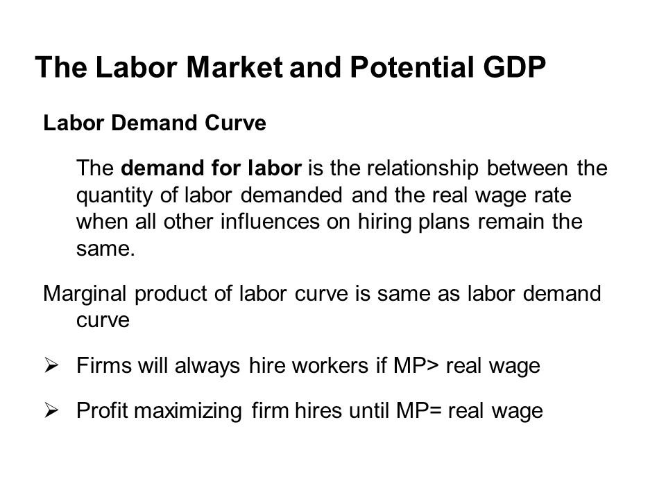 The Labor Market and Potential GDP Labor Demand Curve The demand for labor is the relationship between the quantity of labor demanded and the real wage rate when all other influences on hiring plans remain the same.