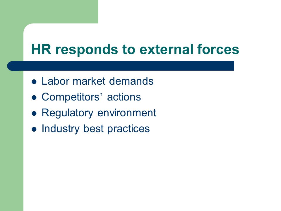 HR responds to external forces Labor market demands Competitors ’ actions Regulatory environment Industry best practices