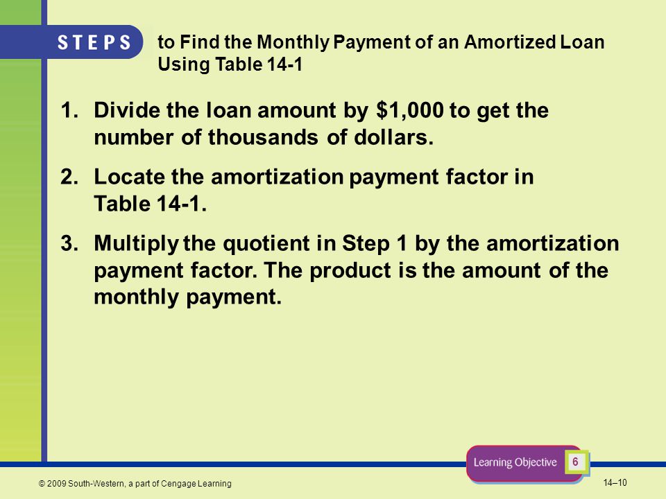 14–10 © 2009 South-Western, a part of Cengage Learning to Find the Monthly Payment of an Amortized Loan Using Table Divide the loan amount by $1,000 to get the number of thousands of dollars.