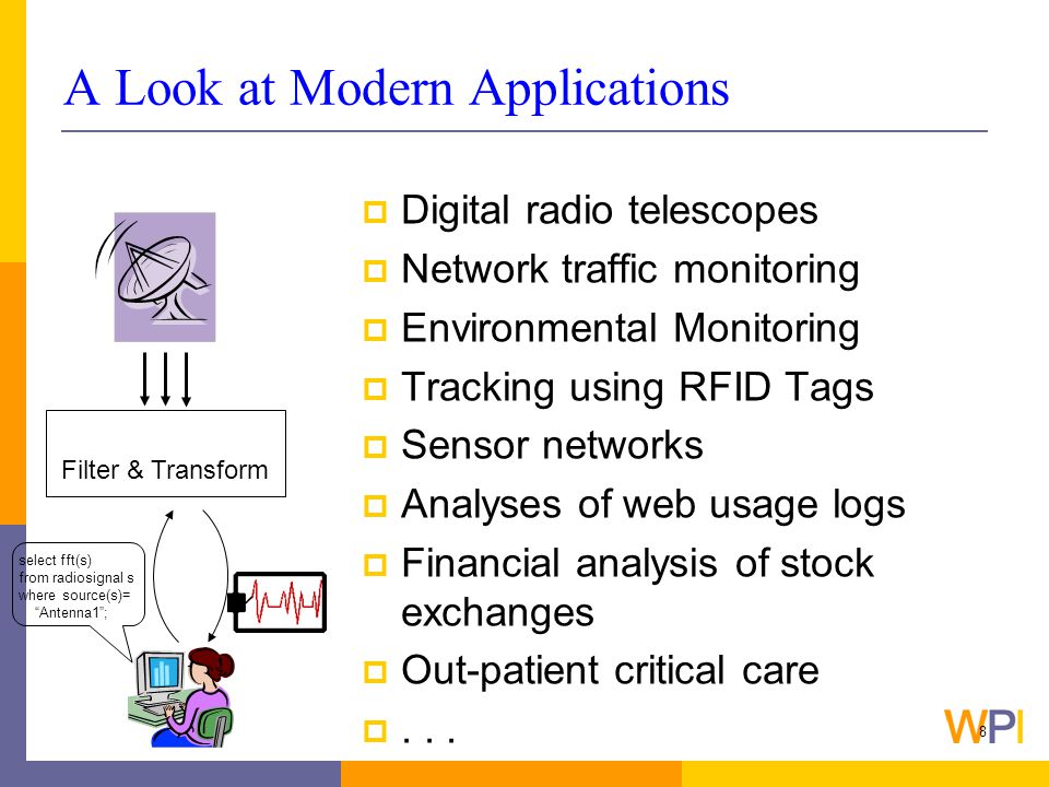 8 A Look at Modern Applications  Digital radio telescopes  Network traffic monitoring  Environmental Monitoring  Tracking using RFID Tags  Sensor networks  Analyses of web usage logs  Financial analysis of stock exchanges  Out-patient critical care ...