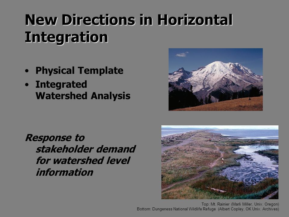 New Directions in Horizontal Integration Physical Template Integrated Watershed Analysis Response to stakeholder demand for watershed level information Top: Mt.