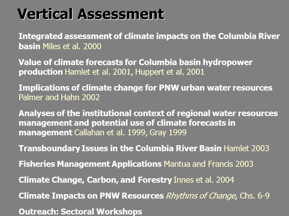 Vertical Assessment Integrated assessment of climate impacts on the Columbia River basin Miles et al.