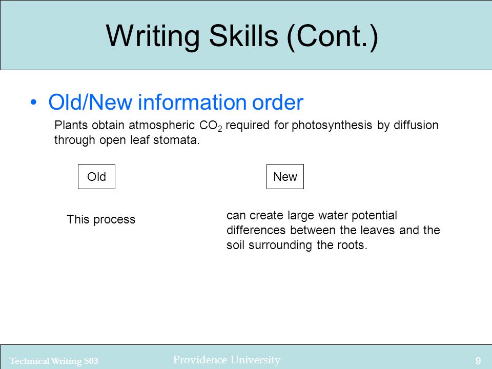 Technical Writing S03 Providence University 9 Writing Skills (Cont.) Old/New information order Plants obtain atmospheric CO 2 required for photosynthesis by diffusion through open leaf stomata.