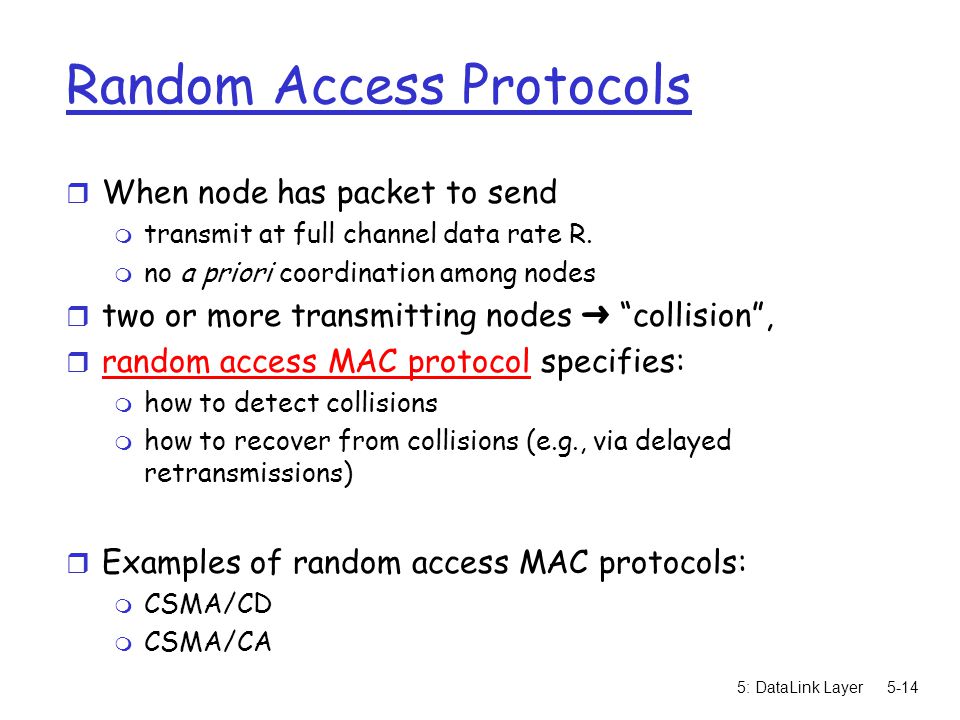 5: DataLink Layer5-14 Random Access Protocols r When node has packet to send m transmit at full channel data rate R.