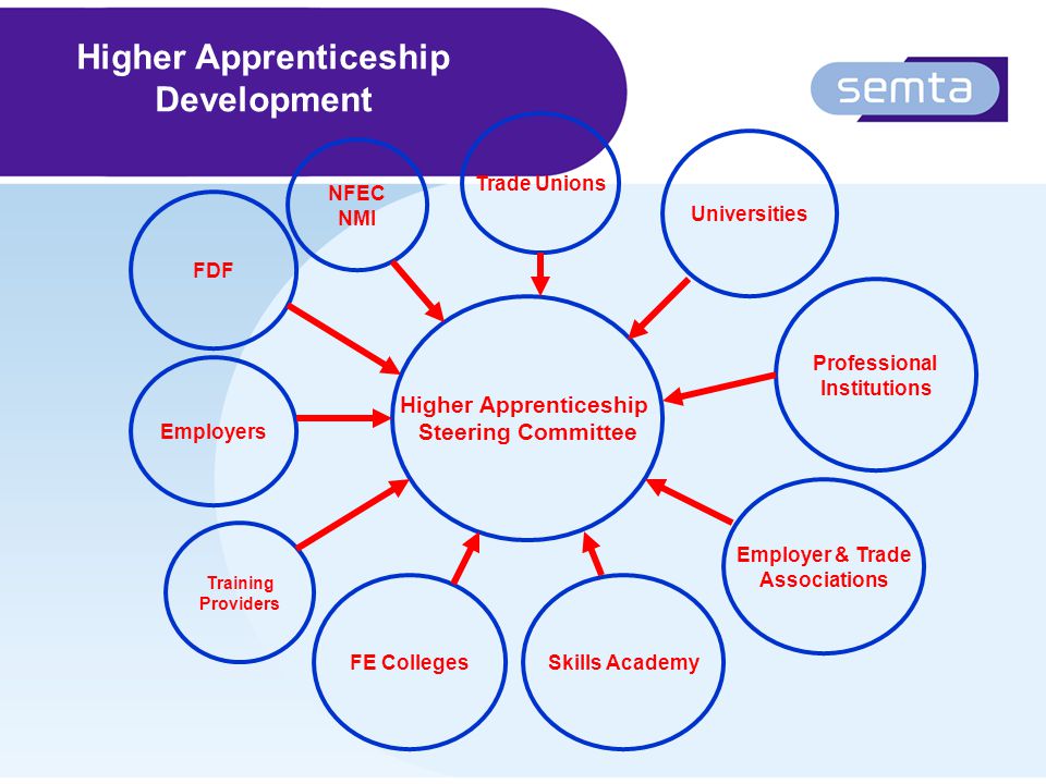 Higher Apprenticeship Development Higher Apprenticeship Steering Committee FDF NFEC NMI Employers FE Colleges Universities Professional Institutions Employer & Trade Associations Skills Academy Trade Unions Training Providers