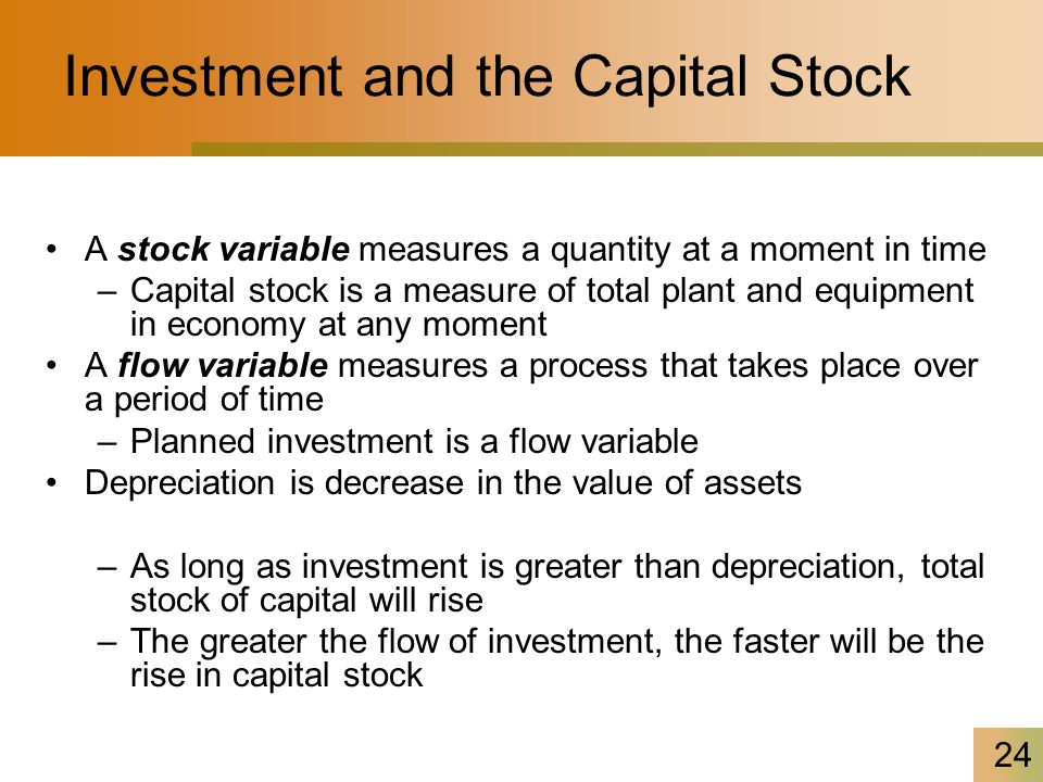 24 Investment and the Capital Stock A stock variable measures a quantity at a moment in time –Capital stock is a measure of total plant and equipment in economy at any moment A flow variable measures a process that takes place over a period of time –Planned investment is a flow variable Depreciation is decrease in the value of assets –As long as investment is greater than depreciation, total stock of capital will rise –The greater the flow of investment, the faster will be the rise in capital stock