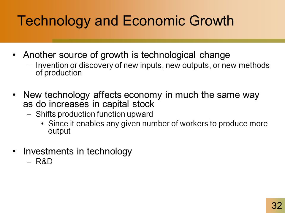 32 Technology and Economic Growth Another source of growth is technological change –Invention or discovery of new inputs, new outputs, or new methods of production New technology affects economy in much the same way as do increases in capital stock –Shifts production function upward Since it enables any given number of workers to produce more output Investments in technology –R&D