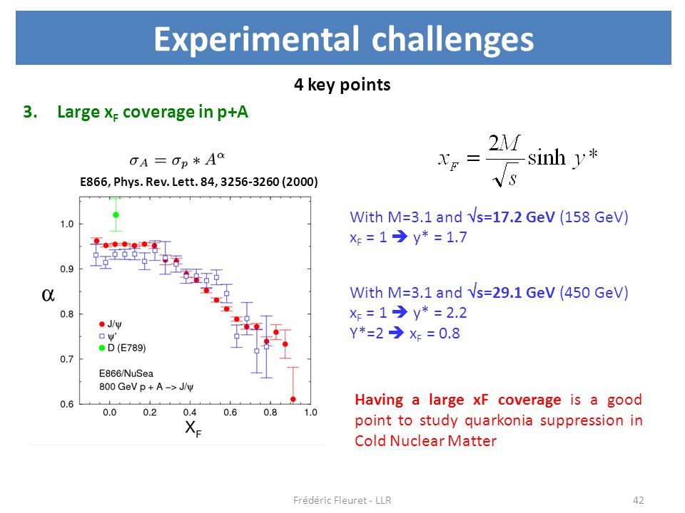 Experimental challenges 4 key points 3.Large x F coverage in p+A Frédéric Fleuret - LLR42 Having a large xF coverage is a good point to study quarkonia suppression in Cold Nuclear Matter With M=3.1 and  s=17.2 GeV (158 GeV) x F = 1  y* = 1.7 With M=3.1 and  s=29.1 GeV (450 GeV) x F = 1  y* = 2.2 Y*=2  x F = 0.8 E866, Phys.
