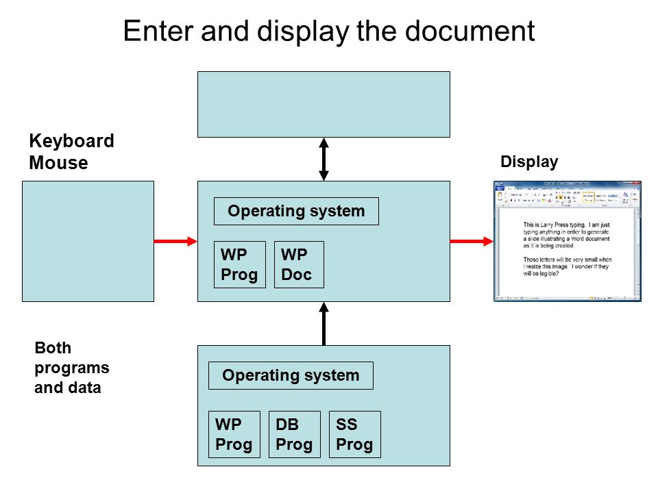 Enter and display the document DB Prog SS Prog WP Prog WP Prog WP Doc Display Keyboard Mouse Operating system Both programs and data