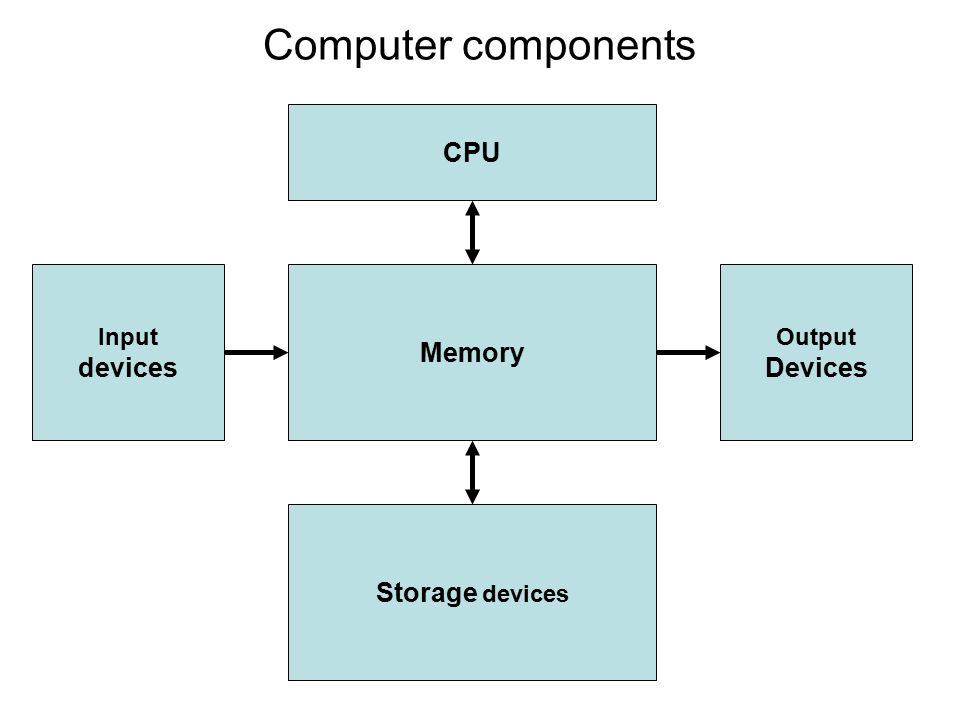 Computer components Memory CPU Storage devices Input devices Output Devices
