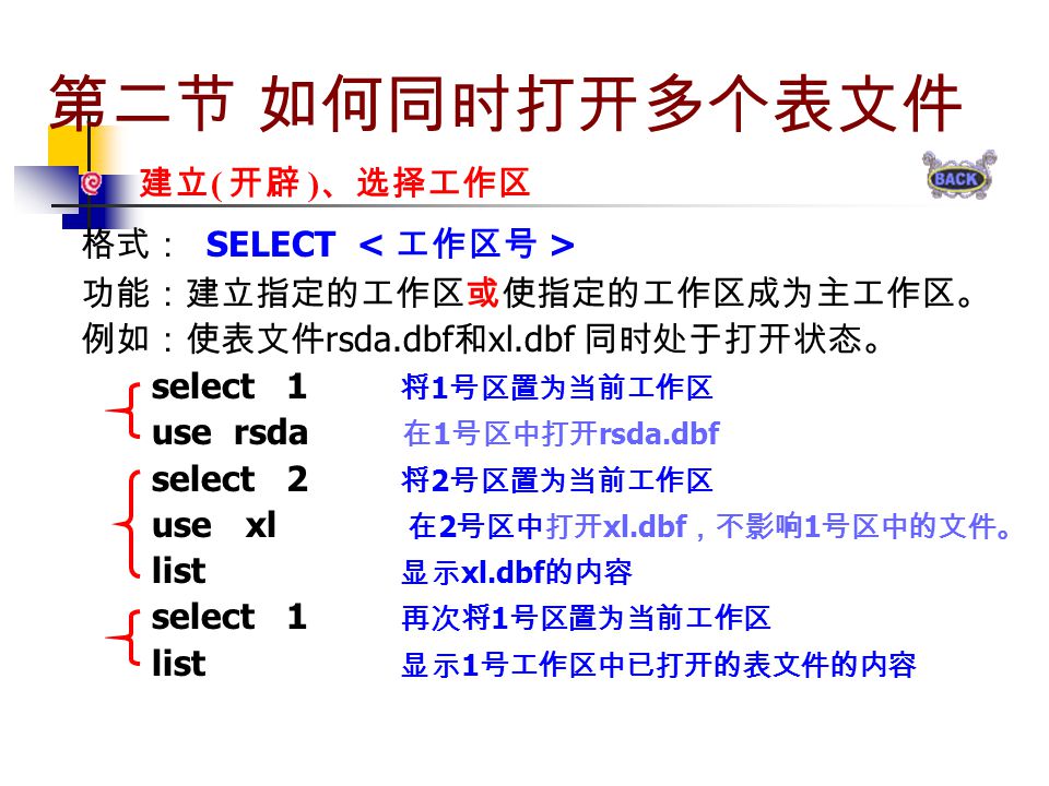 第二节 如何同时打开多个表文件 建立 ( 开辟 ) 、选择工作区 格式： SELECT 功能：建立指定的工作区或使指定的工作区成为主工作区。 例如：使表文件 rsda.dbf 和 xl.dbf 同时处于打开状态。 select 1 将 1 号区置为当前工作区 use rsda 在 1 号区中打开 rsda.dbf select 2 将 2 号区置为当前工作区 use xl 在 2 号区中打开 xl.dbf ，不影响 1 号区中的文件。 list 显示 xl.dbf 的内容 select 1 再次将 1 号区置为当前工作区 list 显示 1 号工作区中已打开的表文件的内容