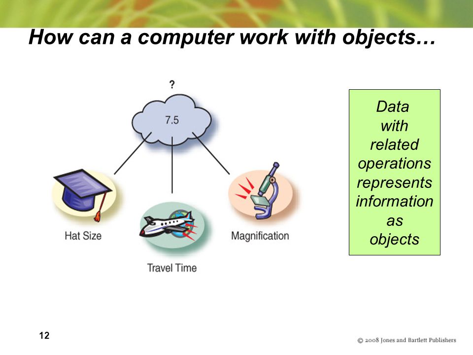 12 How can a computer work with objects… Data with related operations represents information as objects